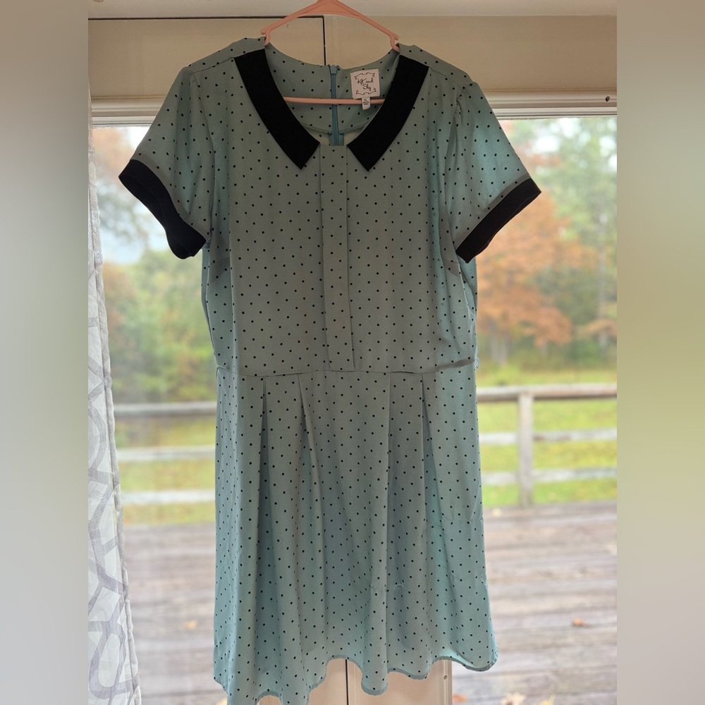 Blue Polka Dot Dress with Black Collar